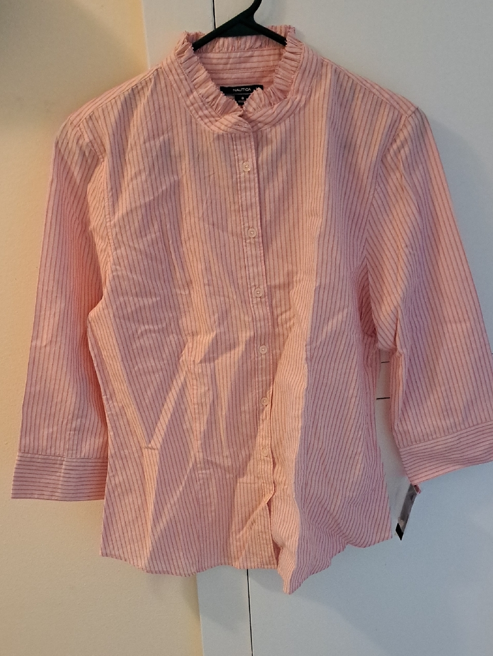 Nautica Pink and White Striped Ruffle-Neck Button 3/4 Sleeve Front Top